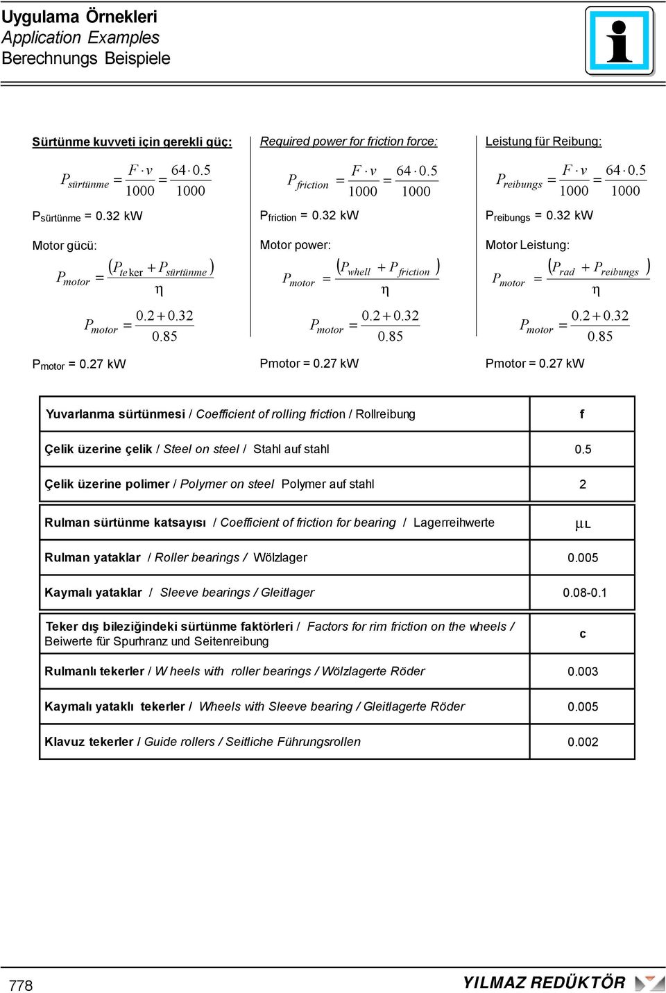 7 kw ( P + P rad reibungs η 0. + 0.3 0.85 Yuarlana sürtünesi / Coefficient of rolling friction / Rollreibung f Çelik üzerine çelik / Steel on steel / Stahl auf stahl 0.