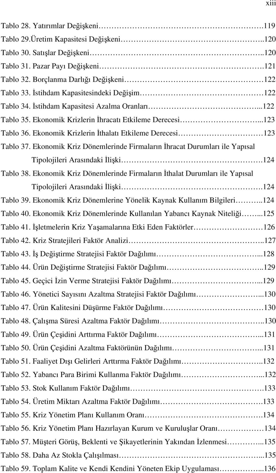 Ekonomik Krizlerin İthalatı Etkileme Derecesi 123 Tablo 37. Ekonomik Kriz Dönemlerinde Firmaların İhracat Durumları ile Yapısal Tipolojileri Arasındaki İlişki.124 Tablo 38.