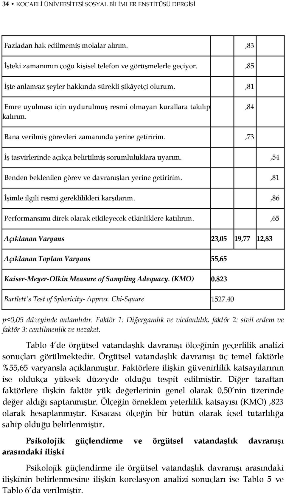 ,73 İş tasvirlerinde açıkça belirtilmiş sorumluluklara uyarım.,54 Benden beklenilen görev ve davranışları yerine getiririm.,81 İşimle ilgili resmi gereklilikleri karşılarım.