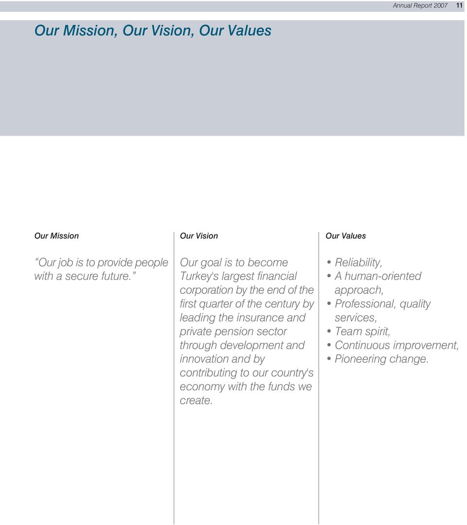 Our goal is to become Turkey's largest financial corporation by the end of the first quarter of the century by leading the insurance
