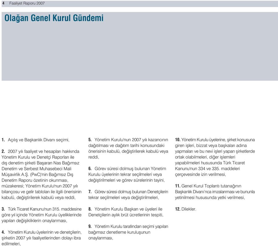 (PwC)'nin Ba ms z D fl Denetim Raporu özetinin okunmas, müzakeresi; Yönetim Kurulu'nun 2007 y l bilançosu ve gelir tablolar ile ilgili önerisinin kabulü, de ifltirilerek kabulü veya reddi, 3.