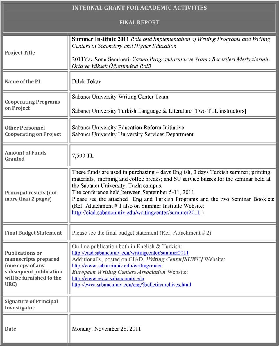 Sabancı University Turkish Language & Literature [Two TLL instructors] Other Personnel Cooperating on Project Sabancı University Education Reform Initiative Sabancı University University Services