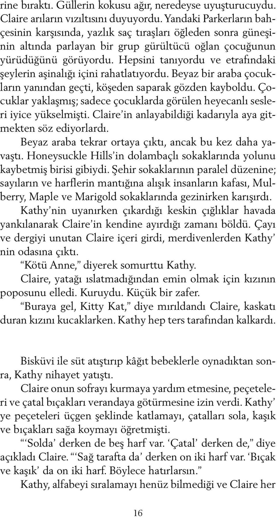 Hepsini tanıyordu ve etrafındaki şeylerin aşinalığı içini rahatlatıyordu. Beyaz bir araba çocukların yanından geçti, köşeden saparak gözden kayboldu.