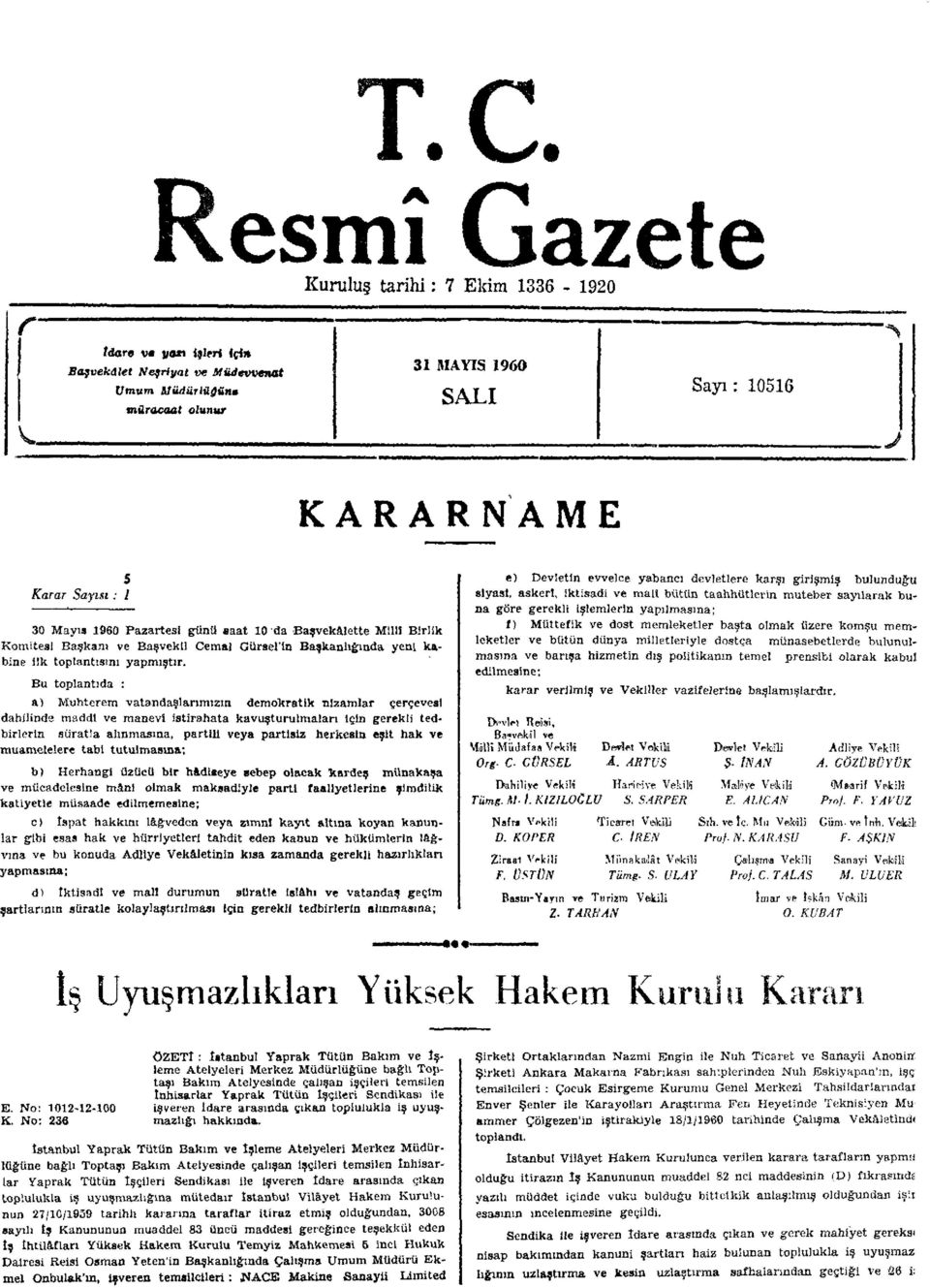 1960 Pazartesi günü saat 10 da Başvekâlette Millî Birlik Komitesi Başkanı ve Başvekil Cemal Gürsel'ln Başkanlığında yeni kabine ilk toplantısını yapmıştır.