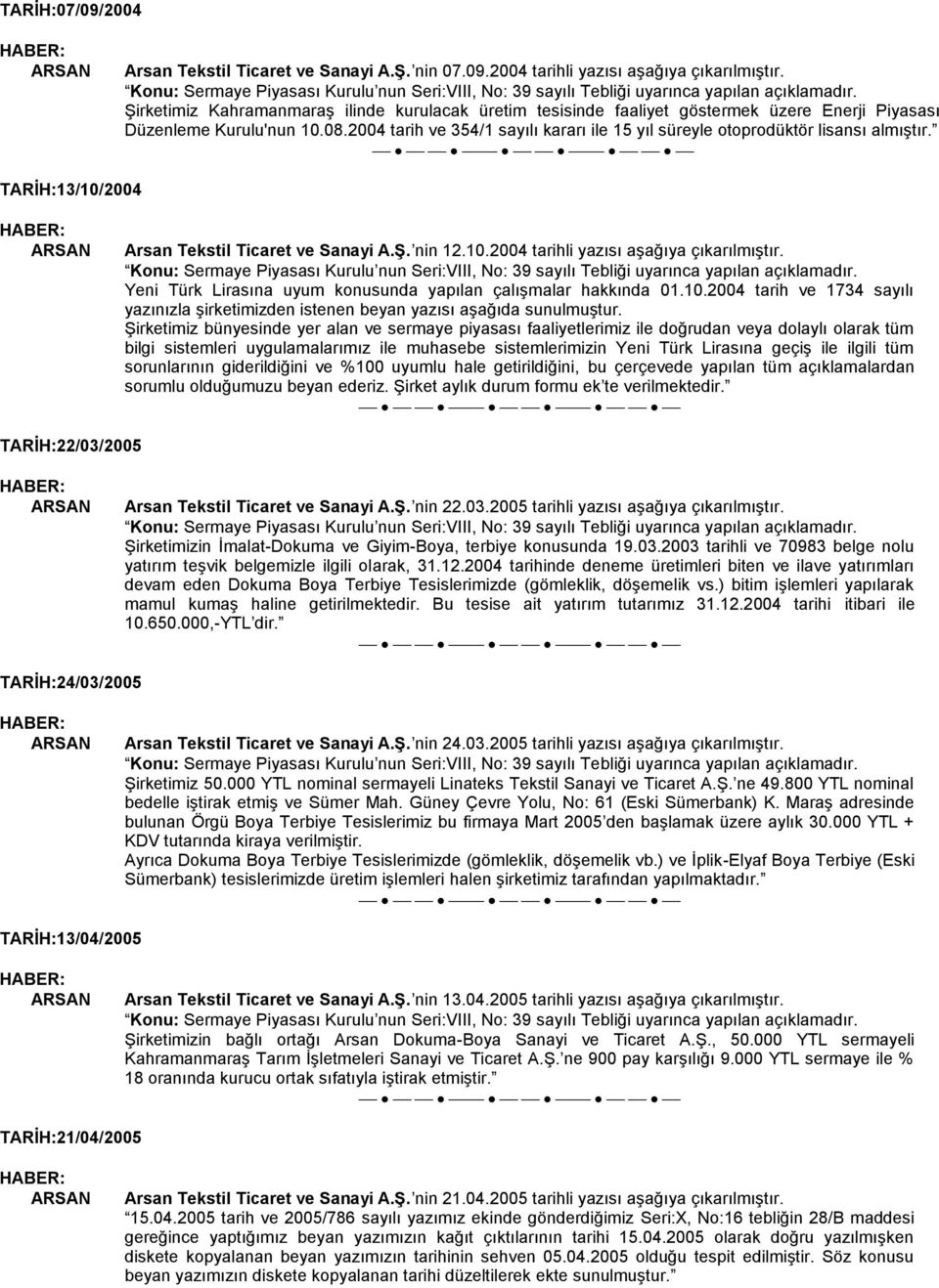 2004 tarih ve 354/1 sayılı kararı ile 15 yıl süreyle otoprodüktör lisansı almıģtır. TARĠH:13/10/2004 Arsan Tekstil Ticaret ve Sanayi A.ġ. nin 12.10.2004 tarihli yazısı aģağıya çıkarılmıģtır.