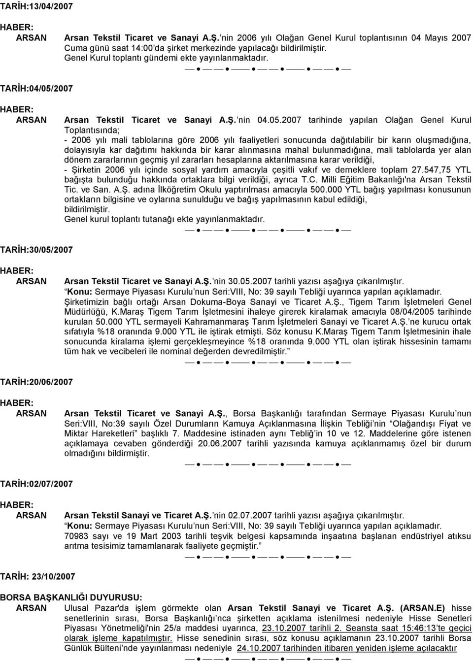 2007 Arsan Tekstil Ticaret ve Sanayi A.ġ. nin 04.05.