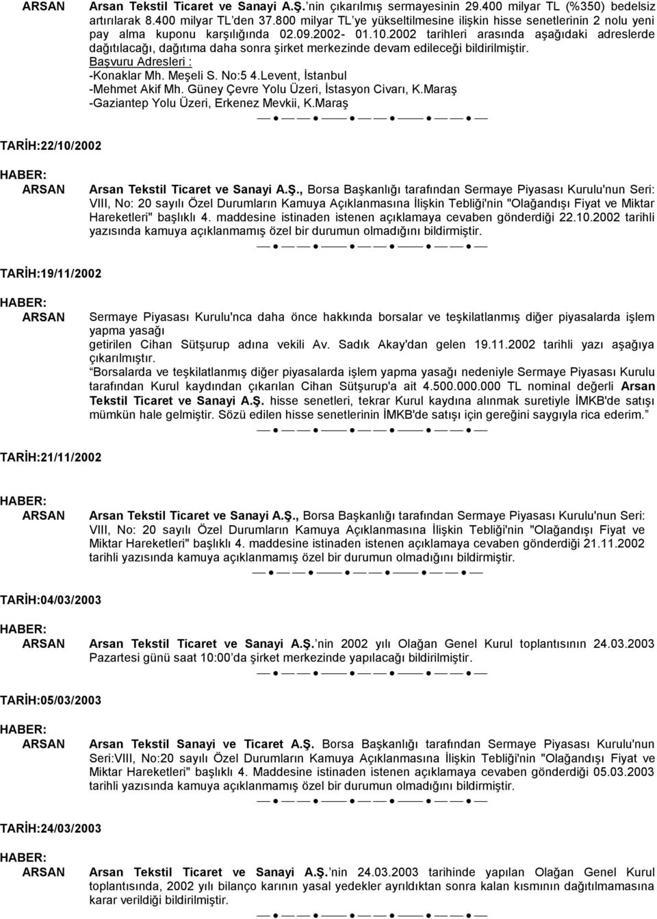 2002 tarihleri arasında aģağıdaki adreslerde dağıtılacağı, dağıtıma daha sonra Ģirket merkezinde devam edileceği bildirilmiģtir. BaĢvuru Adresleri : -Konaklar Mh. MeĢeli S. No:5 4.