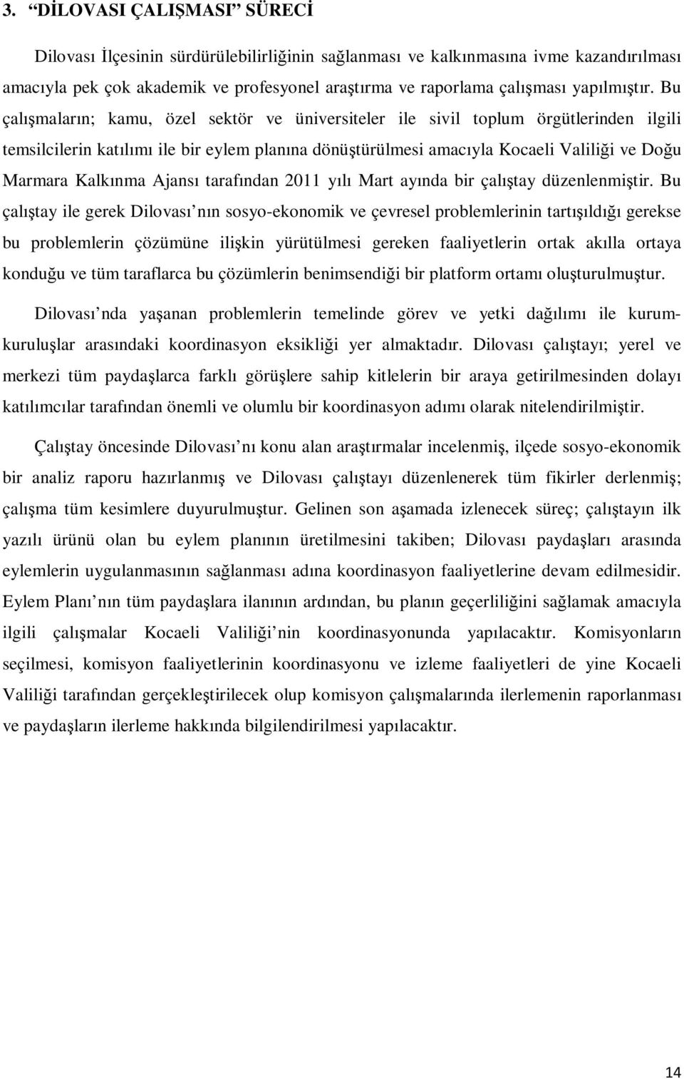 Bu çalışmaların; kamu, özel sektör ve üniversiteler ile sivil toplum örgütlerinden ilgili temsilcilerin katılımı ile bir eylem planına dönüştürülmesi amacıyla Kocaeli Valiliği ve Doğu Marmara