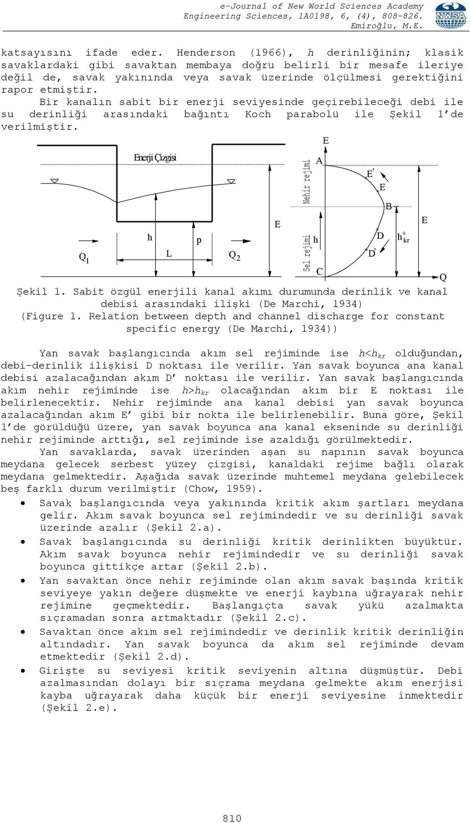 Bir kanalın sabit bir enerji seviyesinde geçirebileceği debi ile su derinliği arasındaki bağıntı Koch parabolü ile Şekil 1 de verilmiştir. E Enerji Çizgisi A E' E h p Q L Q 1 2 C Q Şekil 1.