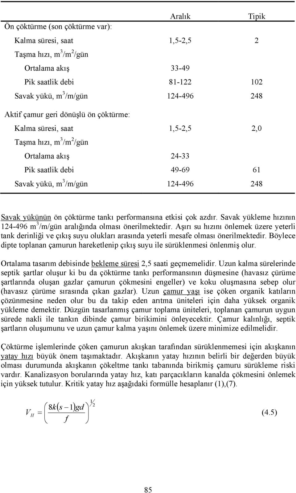 performansına etkisi çok azdır. Savak yükleme hızının 124-496 m 3 /m/gün aralığında olması önerilmektedir.