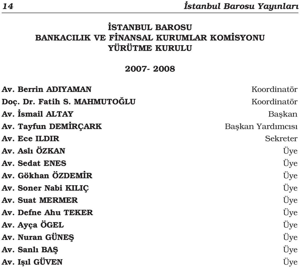 Asl ÖZKAN Av. Sedat ENES Av. Gökhan ÖZDEM R Av. Soner Nabi KILIÇ Av. Suat MERMER Av. Defne Ahu TEKER Av.