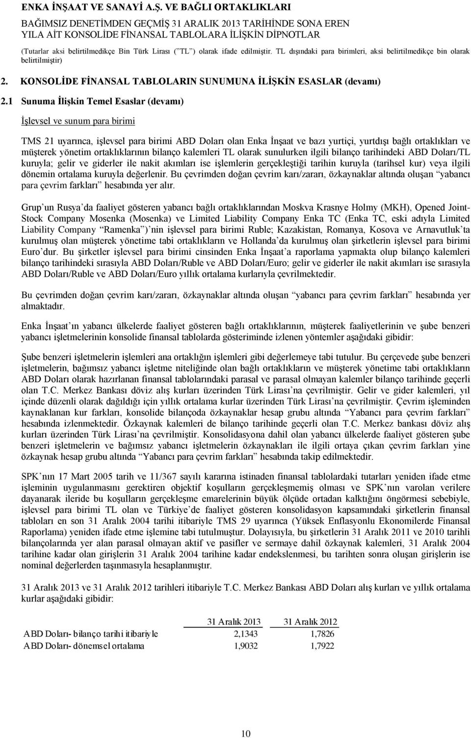 yönetim ortaklıklarının bilanço kalemleri TL olarak sunulurken ilgili bilanço tarihindeki ABD Doları/TL kuruyla; gelir ve giderler ile nakit akımları ise işlemlerin gerçekleştiği tarihin kuruyla