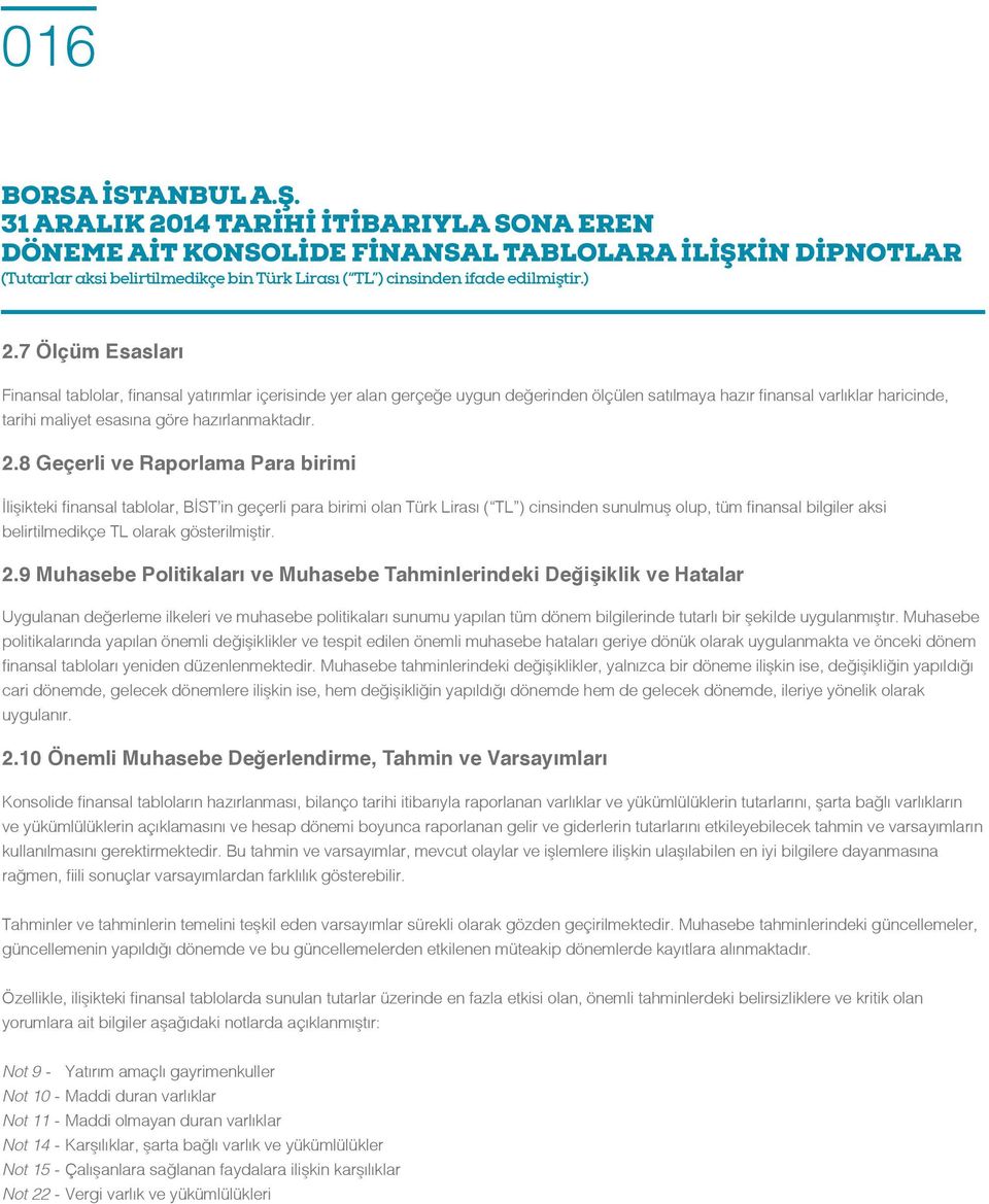 2.8 Geçerli ve Raporlama Para birimi İlişikteki finansal tablolar, BİST in geçerli para birimi olan Türk Lirası ( TL ) cinsinden sunulmuş olup, tüm finansal bilgiler aksi belirtilmedikçe TL olarak