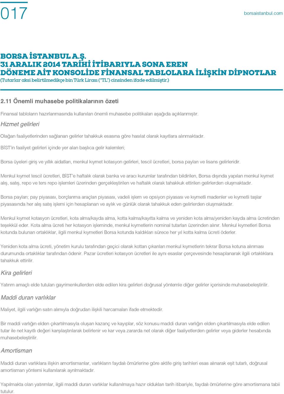 BİST in faaliyet gelirleri içinde yer alan başlıca gelir kalemleri; Borsa üyeleri giriş ve yıllık aidatları, menkul kıymet kotasyon gelirleri, tescil ücretleri, borsa payları ve lisans gelirleridir.