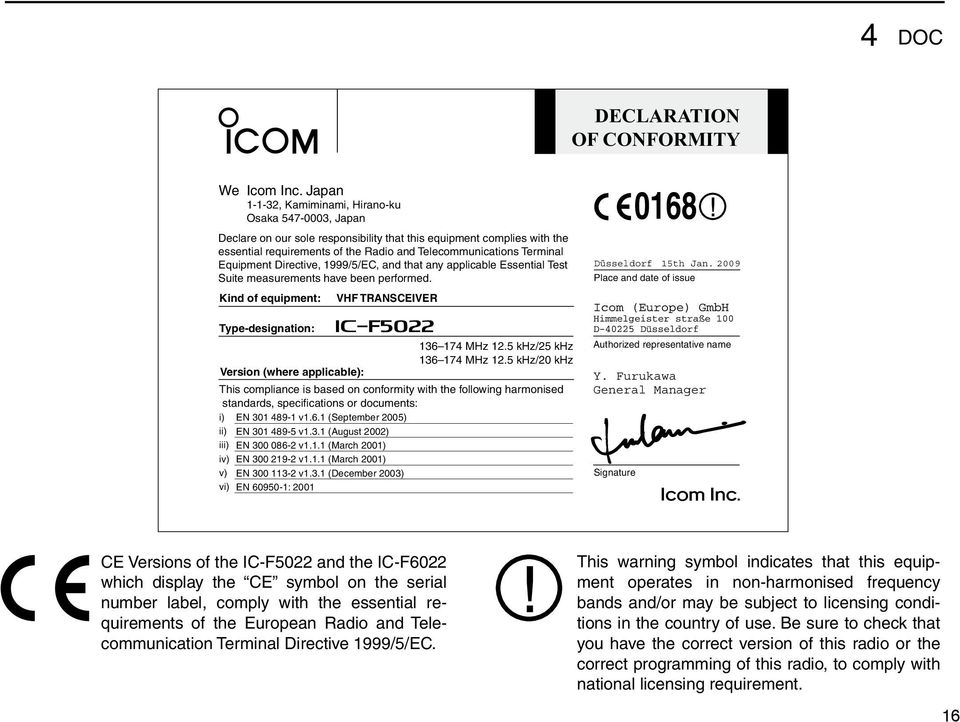 Equipment Directive, 999/5/EC, and that any applicable Essential Test Suite measurements have been performed. Kind of equipment: VHF TRANSCEIVER Type-designation: ic-f5022 36 74 MHz 2.