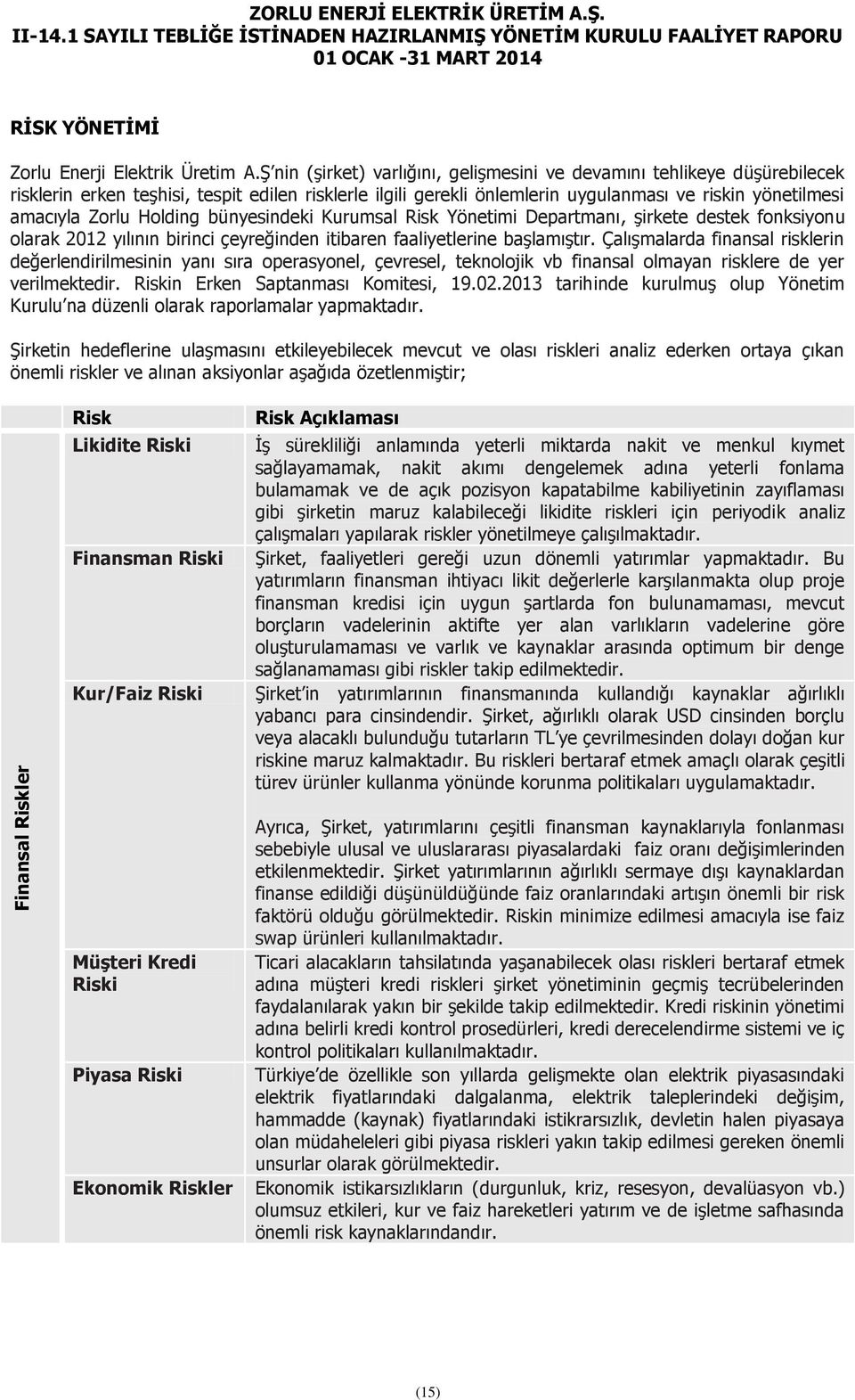 Holding bünyesindeki Kurumsal Risk Yönetimi Departmanı, şirkete destek fonksiyonu olarak 2012 yılının birinci çeyreğinden itibaren faaliyetlerine başlamıştır.