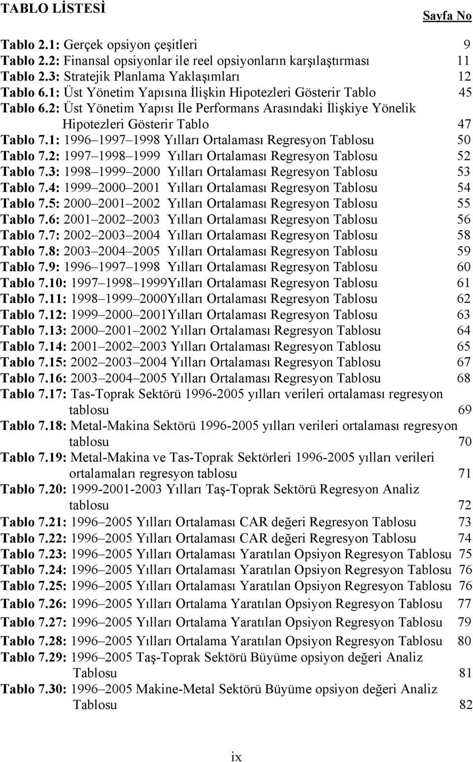 1: 1996 1997 1998 Yılları Ortalaması Regresyon Tablosu 50 Tablo 7.2: 1997 1998 1999 Yılları Ortalaması Regresyon Tablosu 52 Tablo 7.3: 1998 1999 2000 Yılları Ortalaması Regresyon Tablosu 53 Tablo 7.