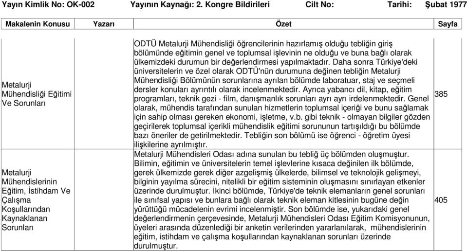 Daha sonra Türkiye'deki üniversitelerin ve özel olarak ODTÜ'nün durumuna değinen tebliğin Metalurji Mühendisliği Bölümünün sorunlarına ayrılan bölümde laboratuar, staj ve seçmeli dersler konuları