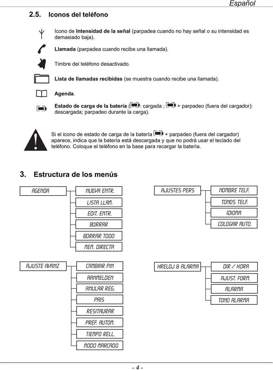 Estado de carga de la batería ( : cargada ; + parpadeo (fuera del cargador): descargada; parpadeo durante la carga).