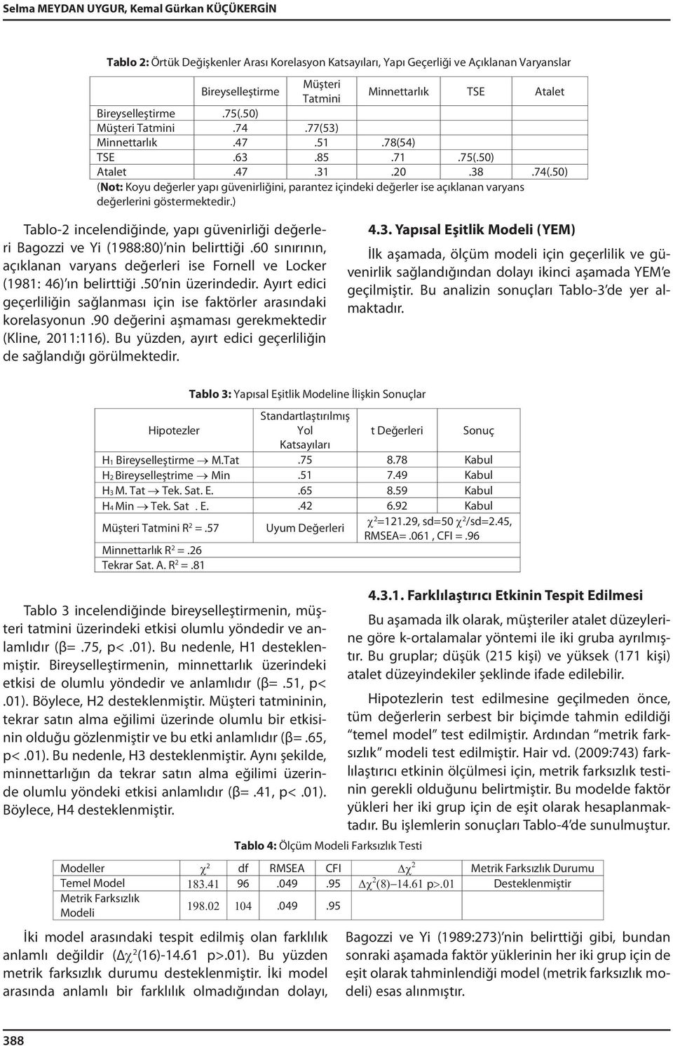 50) (Not: Koyu değerler yapı güvenirliğini, parantez içindeki değerler ise açıklanan varyans değerlerini göstermektedir.