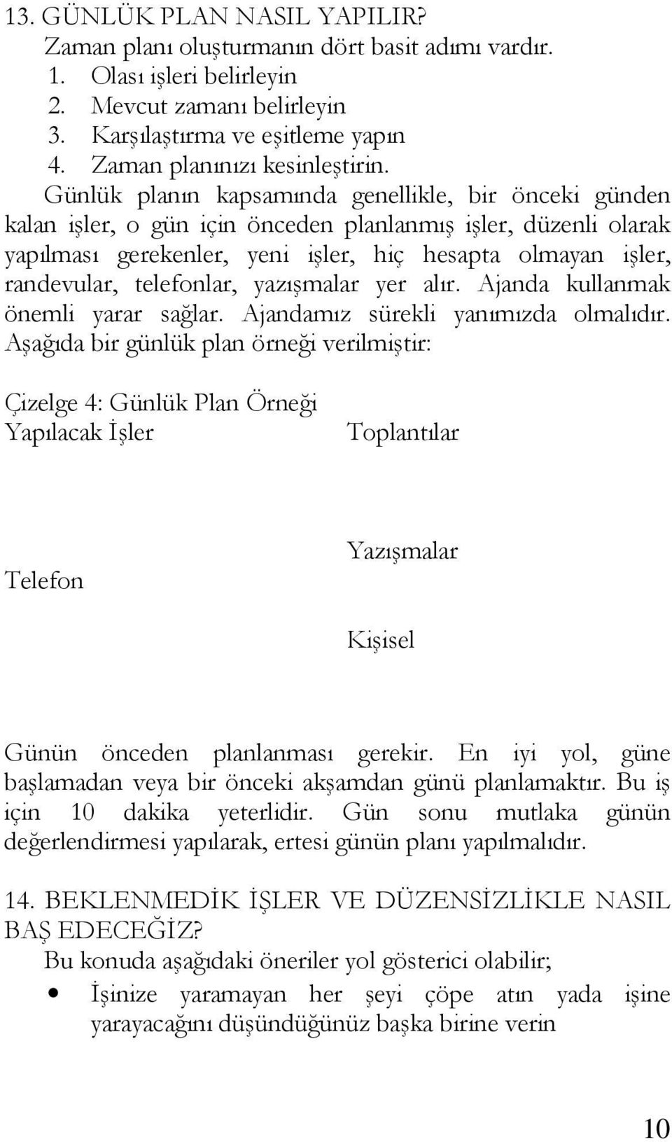 Günlük planın kapsamında genellikle, bir önceki günden kalan işler, o gün için önceden planlanmış işler, düzenli olarak yapılması gerekenler, yeni işler, hiç hesapta olmayan işler, randevular,