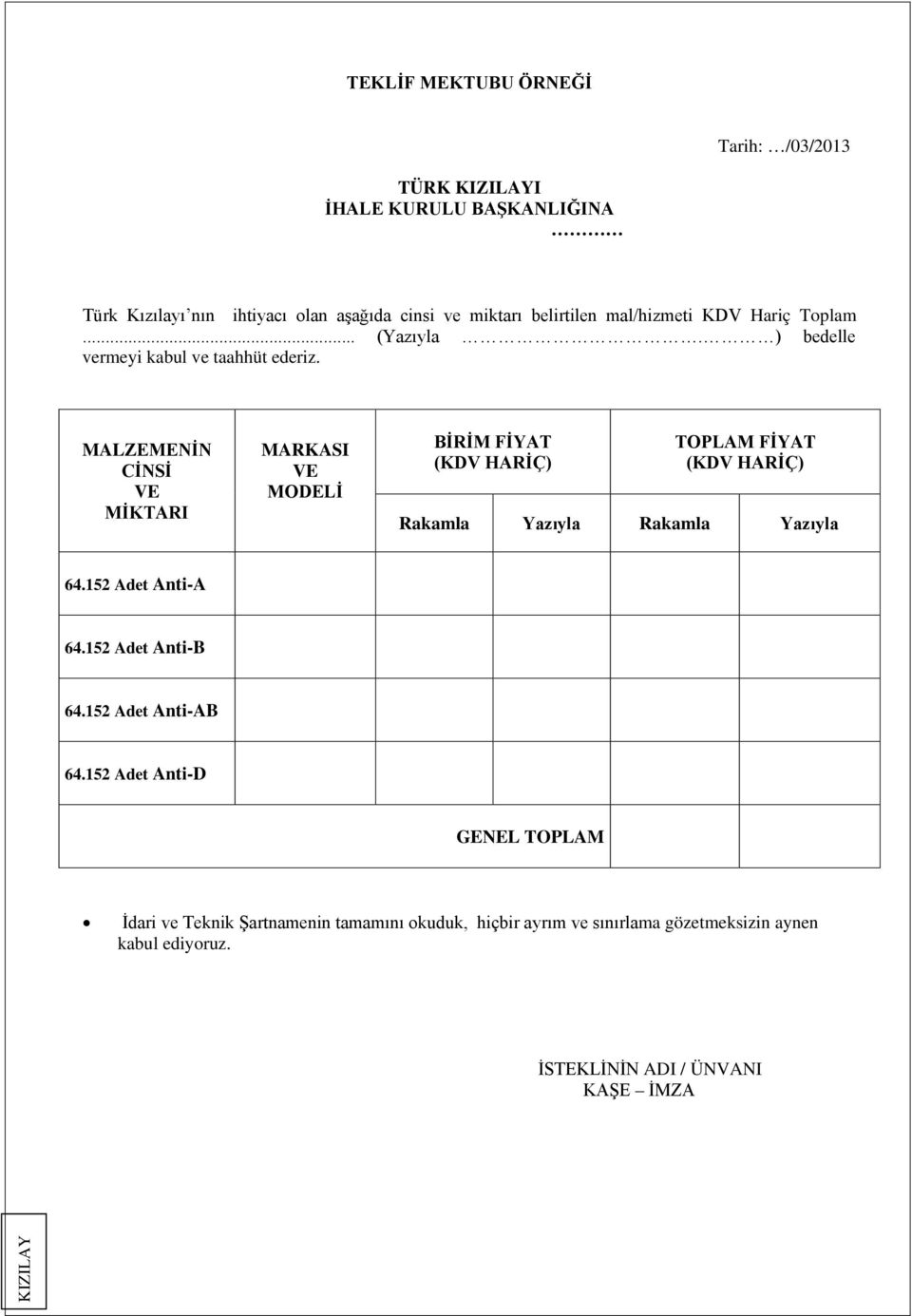 MALZEMENİN CİNSİ VE MİKTARI MARKASI VE MODELİ BİRİM FİYAT (KDV HARİÇ) TOPLAM FİYAT (KDV HARİÇ) Rakamla Yazıyla Rakamla Yazıyla 64.