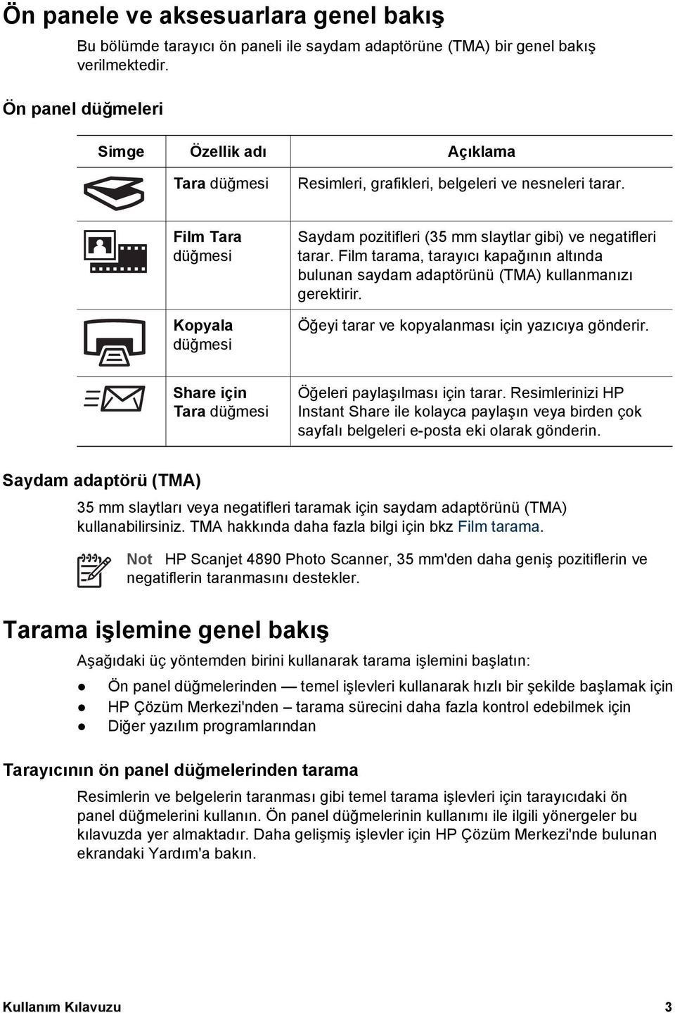 Film Tara düğmesi Kopyala düğmesi Saydam pozitifleri (35 mm slaytlar gibi) ve negatifleri tarar. Film tarama, tarayıcı kapağının altında bulunan saydam adaptörünü (TMA) kullanmanızı gerektirir.