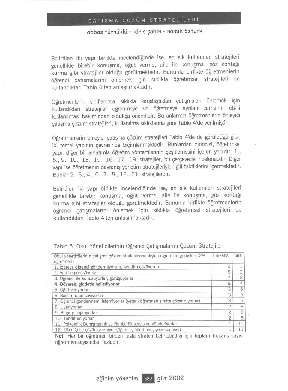 Ögretmenlerin siniflarinda siklikla karsilastiklari çatismalari önlemek için kullandiklari stratejiler ögrenmeye ve ögretmeye ayrilan zamanin etkili kullanilmasi bakimindan oldukça önemlidir.