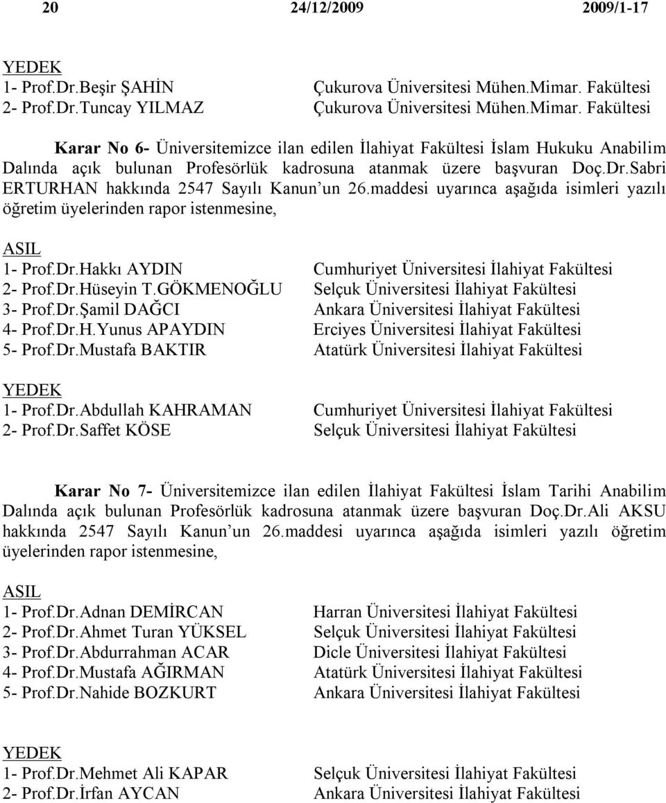 Fakültesi Karar No 6- Üniversitemizce ilan edilen İlahiyat Fakültesi İslam Hukuku Anabilim Dalında açık bulunan Profesörlük kadrosuna atanmak üzere başvuran Doç.Dr.