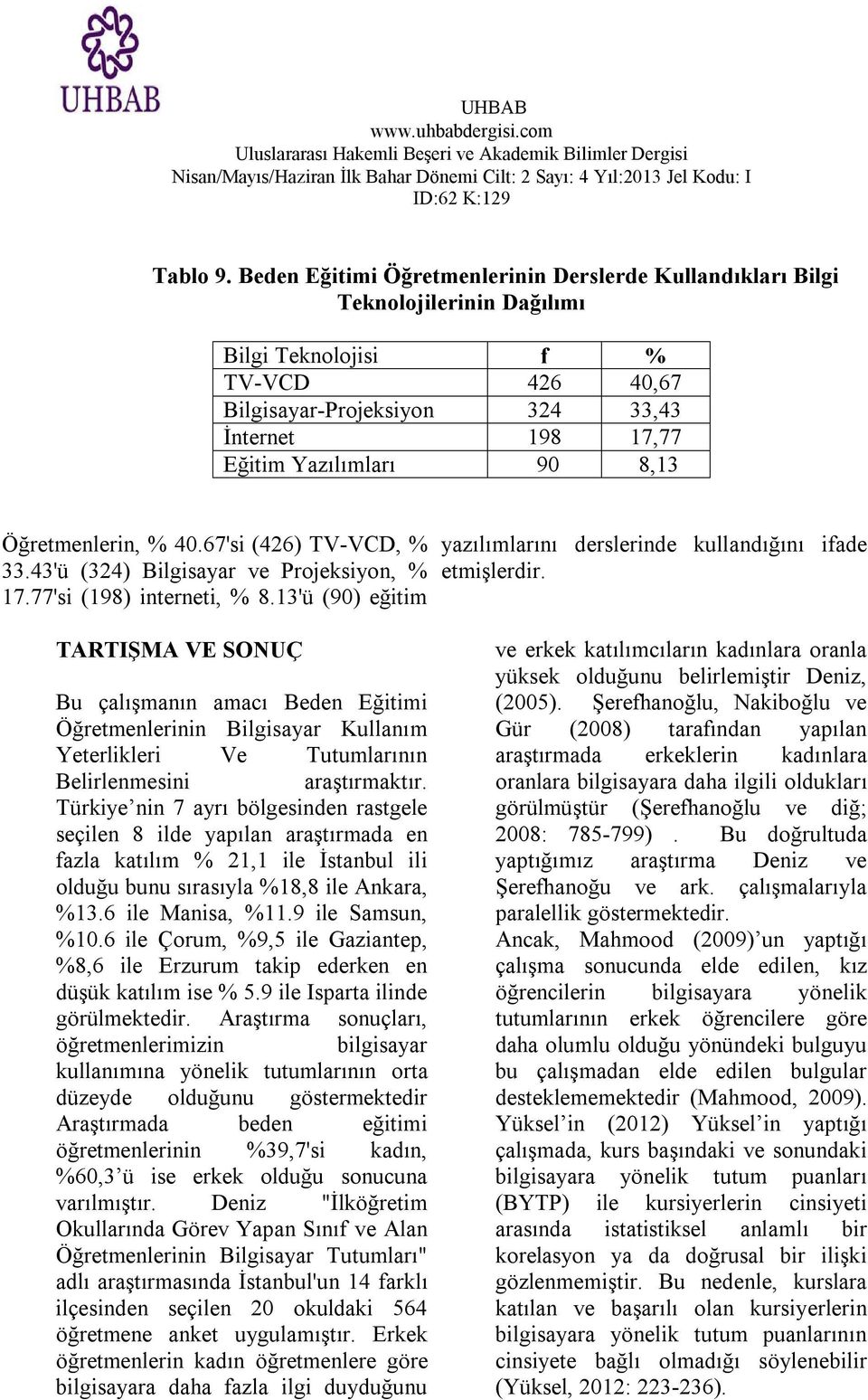 8,13 Öğretmenlerin, % 40.67'si (426) TV-VCD, % 33.43'ü (324) Bilgisayar ve Projeksiyon, % 17.77'si (198) interneti, % 8.13'ü (90) eğitim yazılımlarını derslerinde kullandığını ifade etmişlerdir.