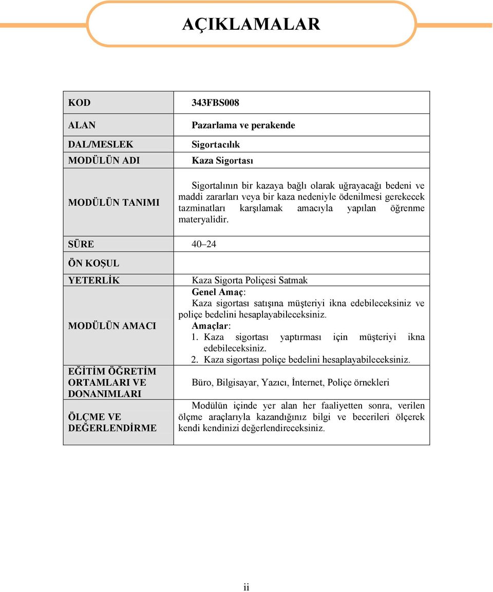 SÜRE 40 24 ÖN KOġUL YETERLĠK MODÜLÜN AMACI EĞĠTĠM ÖĞRETĠM ORTAMLARI VE DONANIMLARI ÖLÇME VE DEĞERLENDĠRME Kaza Sigorta Poliçesi Satmak Genel Amaç: Kaza sigortası satıģına müģteriyi ikna