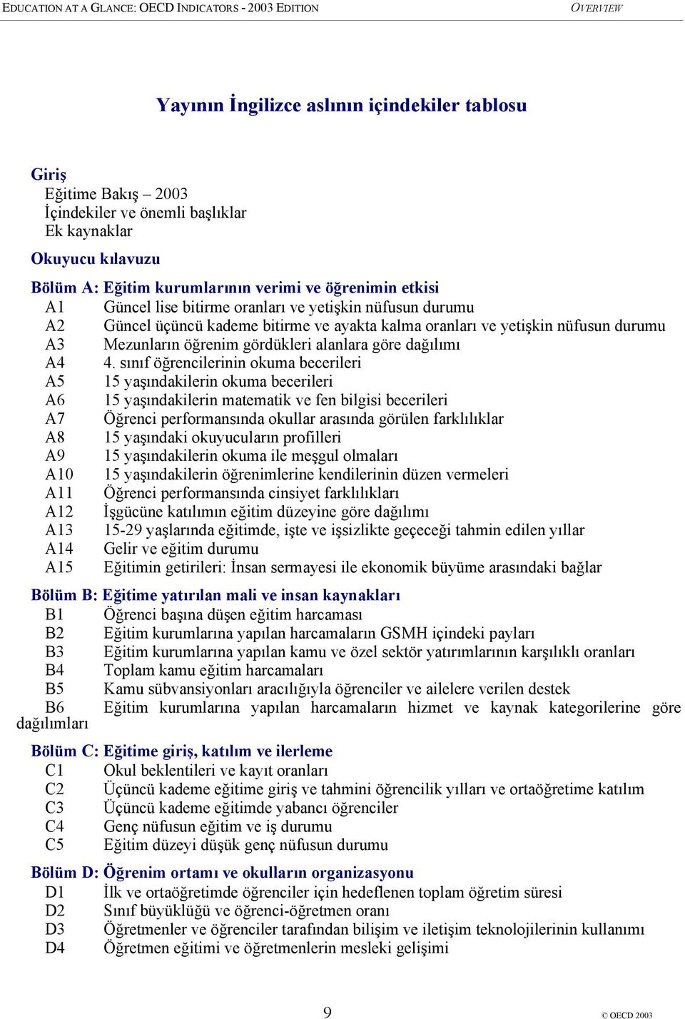 sınıf öğrencilerinin okuma becerileri A5 15 yaşındakilerin okuma becerileri A6 15 yaşındakilerin matematik ve fen bilgisi becerileri A7 Öğrenci performansında okullar arasında görülen farklılıklar A8