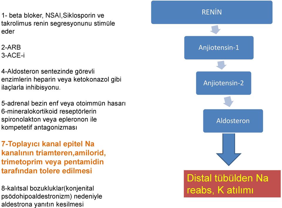 5-adrenal bezin enf veya otoimmün hasarı 6-mineralokortikoid reseptörlerin spironolakton veya epleronon ile kompetetif antagonizması 7-Toplayıcı kanal