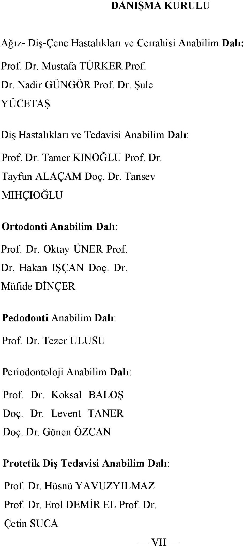 Dr. Tezer ULUSU Periodontoloji Anabilim Dalı: Prof. Dr. Koksal BALOŞ Doç. Dr. Levent TANER Doç. Dr. Gönen ÖZCAN Protetik Diş Tedavisi Anabilim Dalı: Prof.