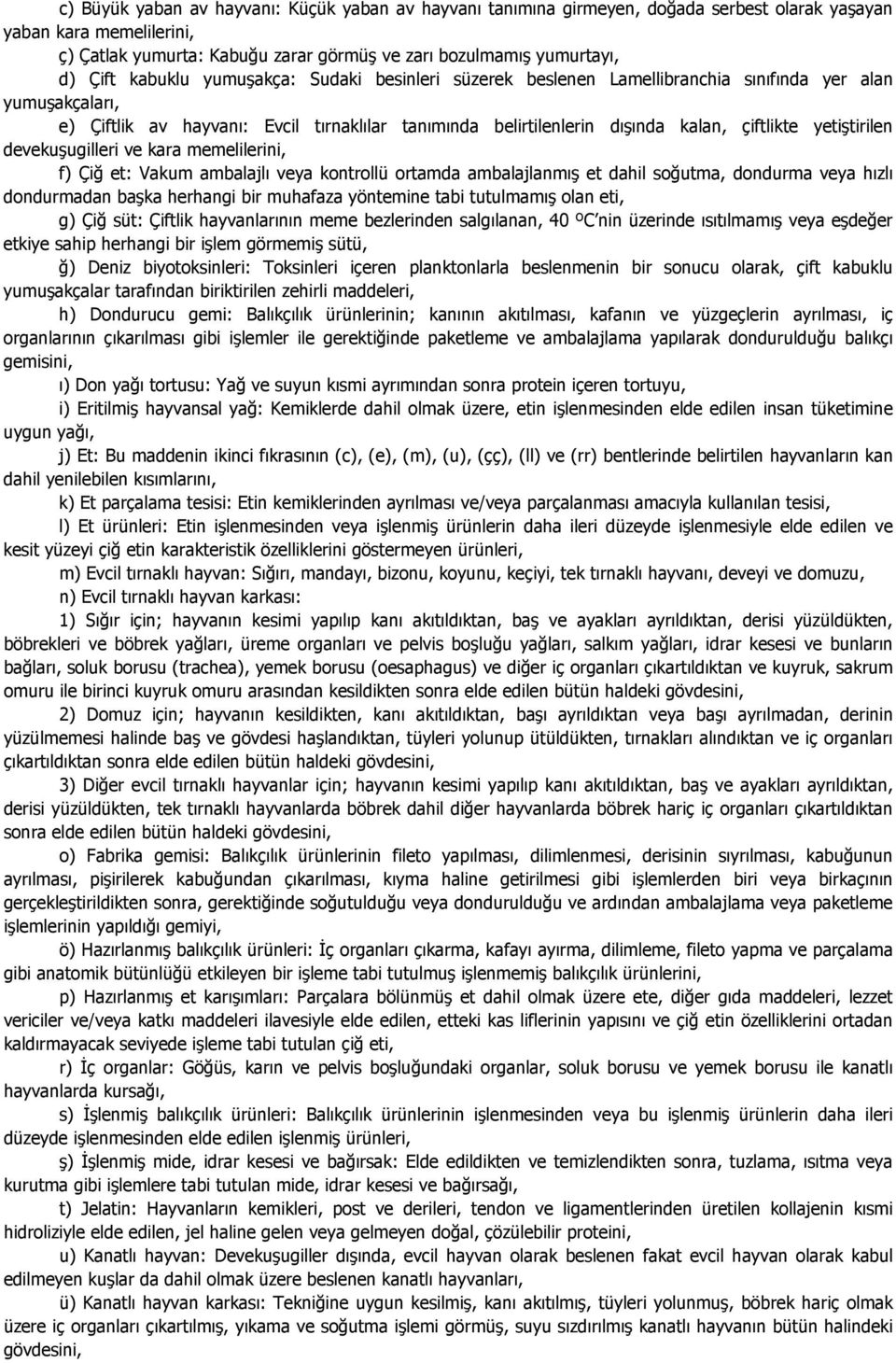 yetiştirilen devekuşugilleri ve kara memelilerini, f) Çiğ et: Vakum ambalajlı veya kontrollü ortamda ambalajlanmış et dahil soğutma, dondurma veya hızlı dondurmadan başka herhangi bir muhafaza