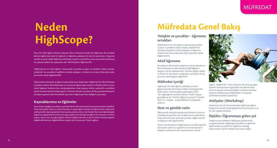 Araştırma temelli ve çocuk odaklı HighScope Müfredatı, başarılı ve pozitif bir sonuç için özenle hazırlanmış bir çalışma kullanır, bu çalışmanın adı Aktif Katılımcı Öğrenme dir.