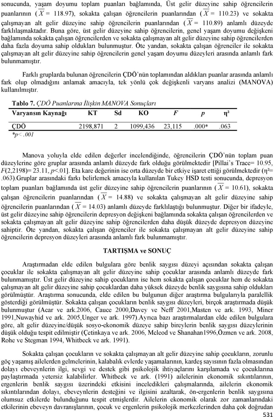 Buna göre, üst gelir düzeyine sahip öğrencilerin, genel yaşam doyumu değişkeni bağlamında sokakta çalışan öğrencilerden ve sokakta çalışmayan alt gelir düzeyine sahip öğrencilerden daha fazla doyuma