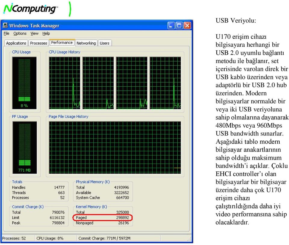 Modern bilgisayarlar normalde bir veya iki USB veriyoluna sahip olmalarına dayanarak 480Mbps veya 960Mbps USB bandwidth sunarlar.