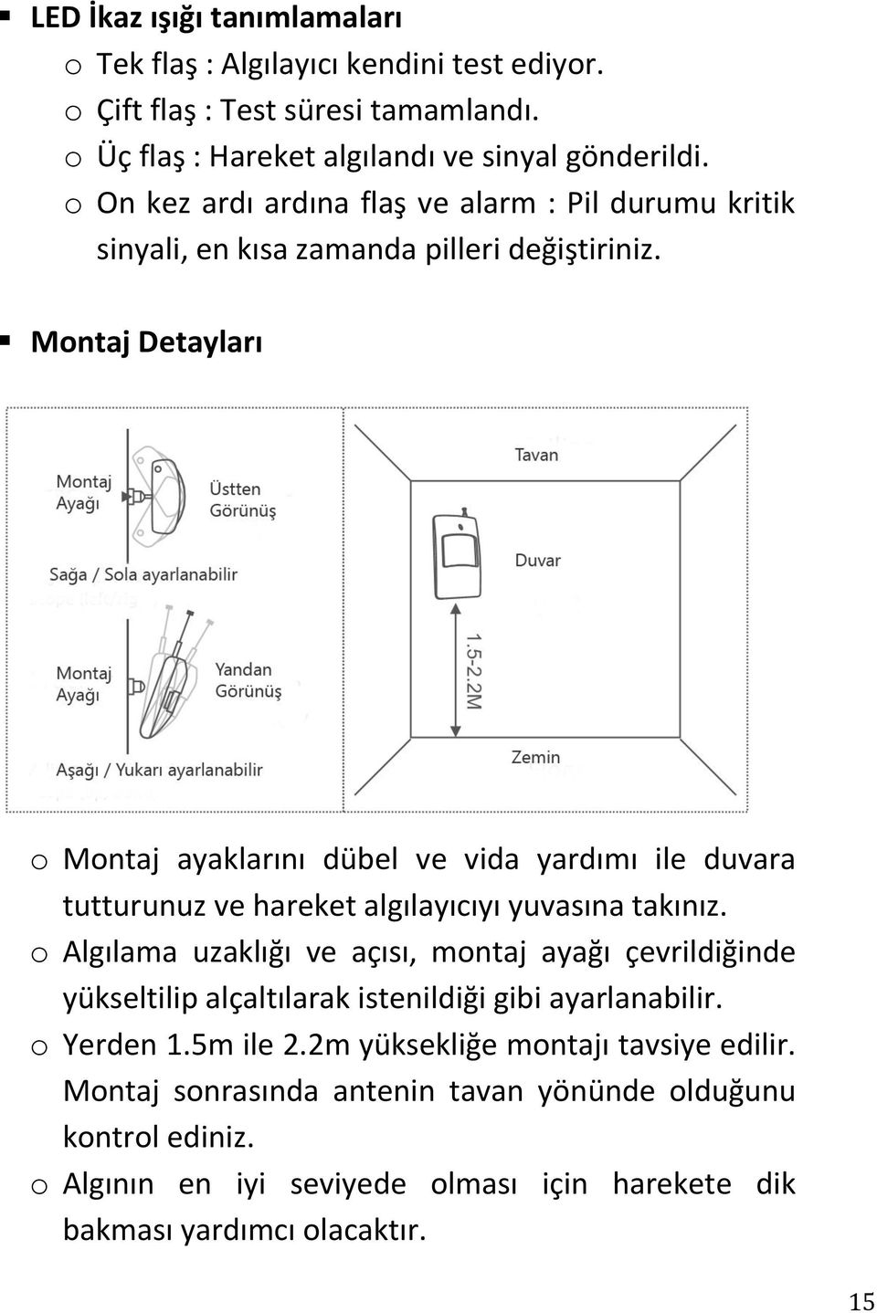 Montaj Detayları o Montaj ayaklarını dübel ve vida yardımı ile duvara tutturunuz ve hareket algılayıcıyı yuvasına takınız.