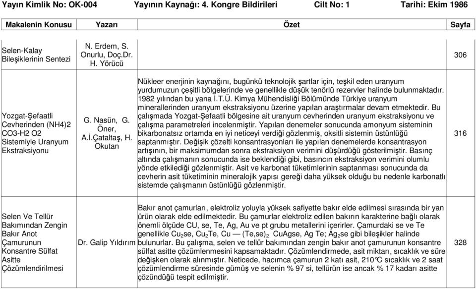 1982 yılından bu yana Đ.T.Ü. Kimya Mühendisliği Bölümünde Türkiye uranyum minerallerinden uranyum ekstraksiyonu üzerine yapılan araştırmalar devam etmektedir.