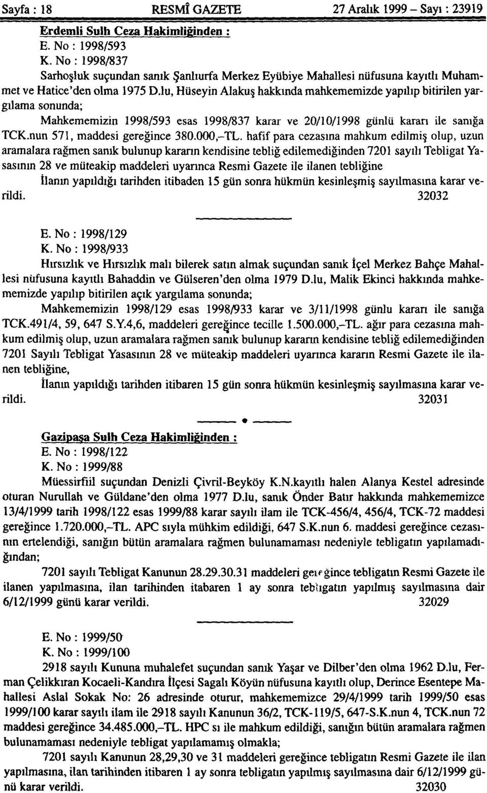 lu, Hüseyin Alakuş hakkında mahkememizde yapılıp bitirilen yargılama sonunda; Mahkememizin 1998/593 esas 1998/837 karar ve 20/10/1998 günlü karan ile sanığa TCK.nun 571, maddesi gereğince 38O.OO0,-TL.