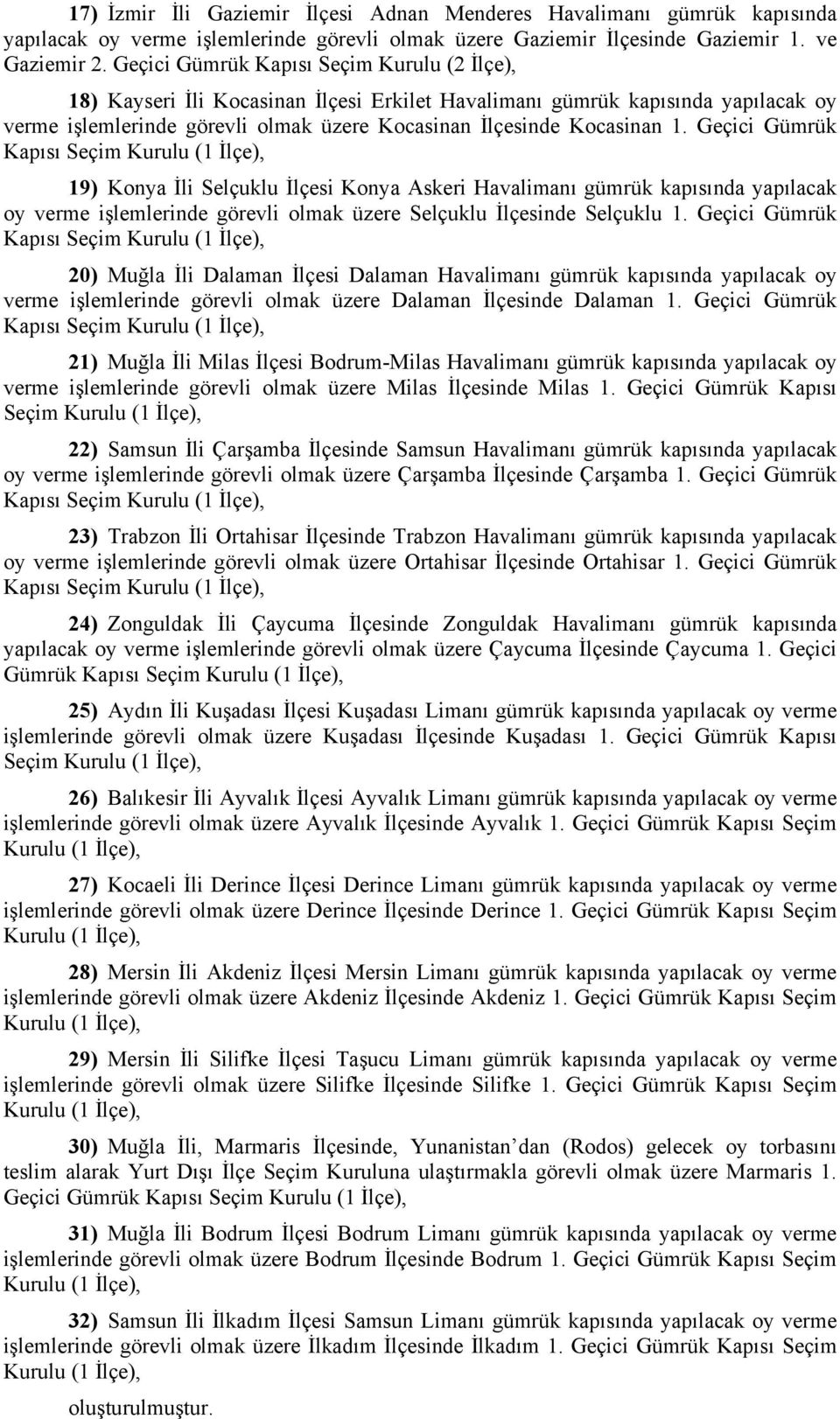 Geçici Gümrük Kapısı Seçim Kurulu (1 İlçe), 19) Konya İli Selçuklu İlçesi Konya Askeri Havalimanı gümrük kapısında yapılacak oy verme işlemlerinde görevli olmak üzere Selçuklu İlçesinde Selçuklu 1.