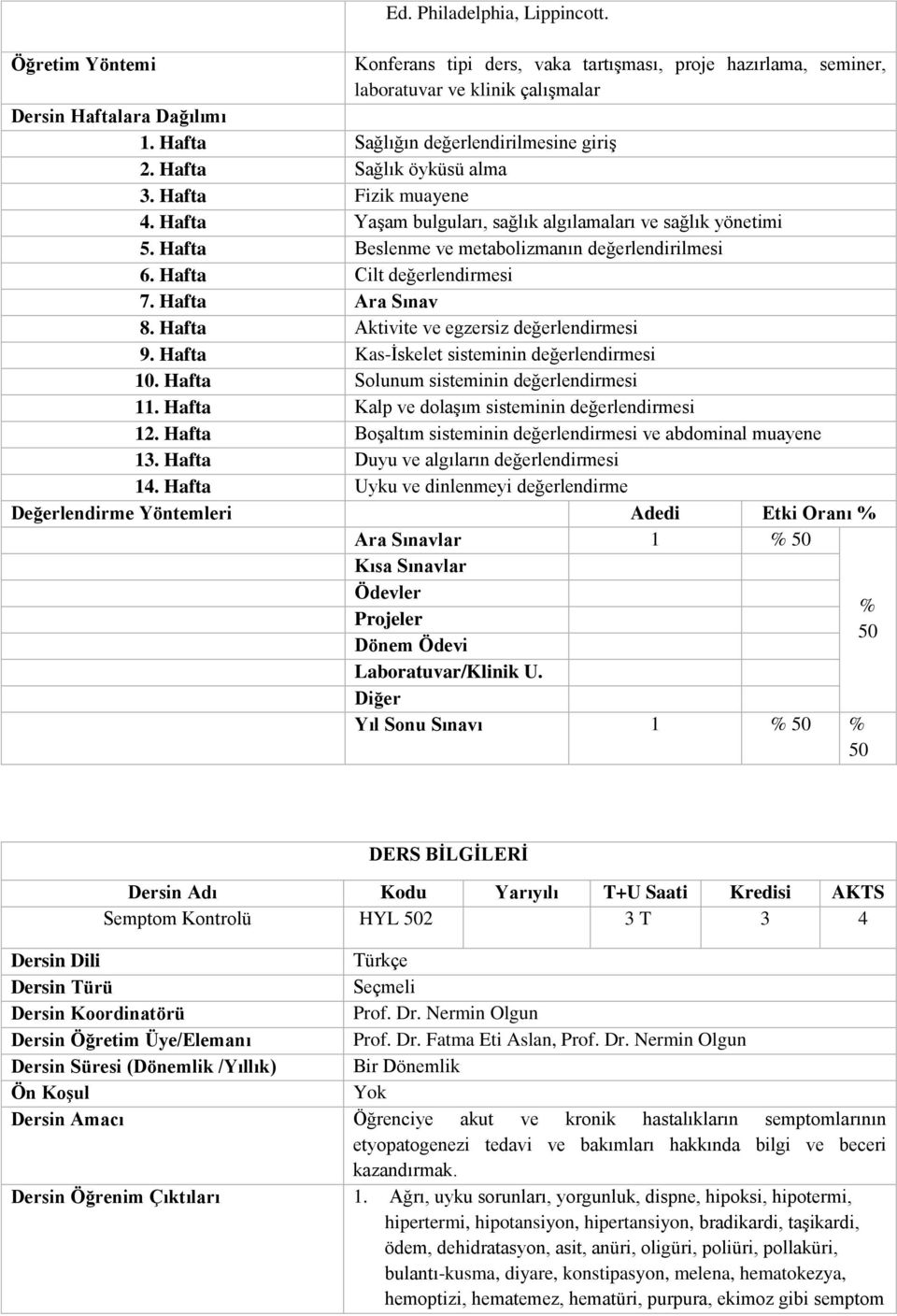 Hafta Ara Sınav 8. Hafta Aktivite ve egzersiz değerlendirmesi 9. Hafta Kas-İskelet sisteminin değerlendirmesi 10. Hafta Solunum sisteminin değerlendirmesi 11.