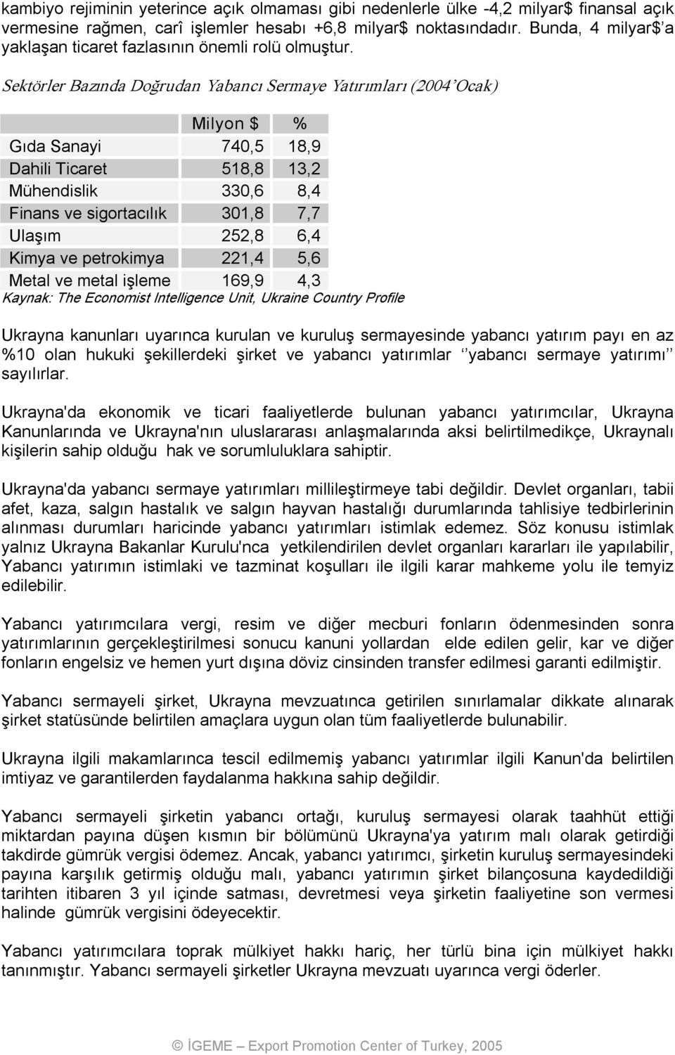 Sektörler Bazında Doğrudan Yabancı Sermaye Yatırımları (2004 Ocak) Milyon $ % Gıda Sanayi 740,5 18,9 Dahili Ticaret 518,8 13,2 Mühendislik 330,6 8,4 Finans ve sigortacılık 301,8 7,7 Ulaşım 252,8 6,4