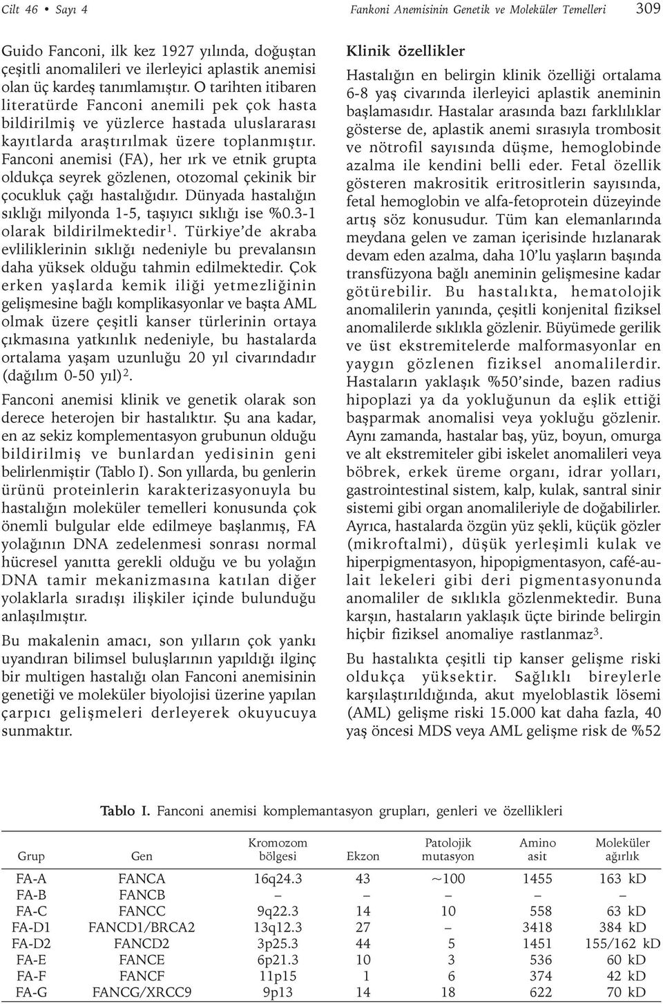 Fanconi anemisi (FA), her ýrk ve etnik grupta oldukça seyrek gözlenen, otozomal çekinik bir çocukluk çaðý hastalýðýdýr. Dünyada hastalýðýn sýklýðý milyonda 1-5, taþýyýcý sýklýðý ise %0.