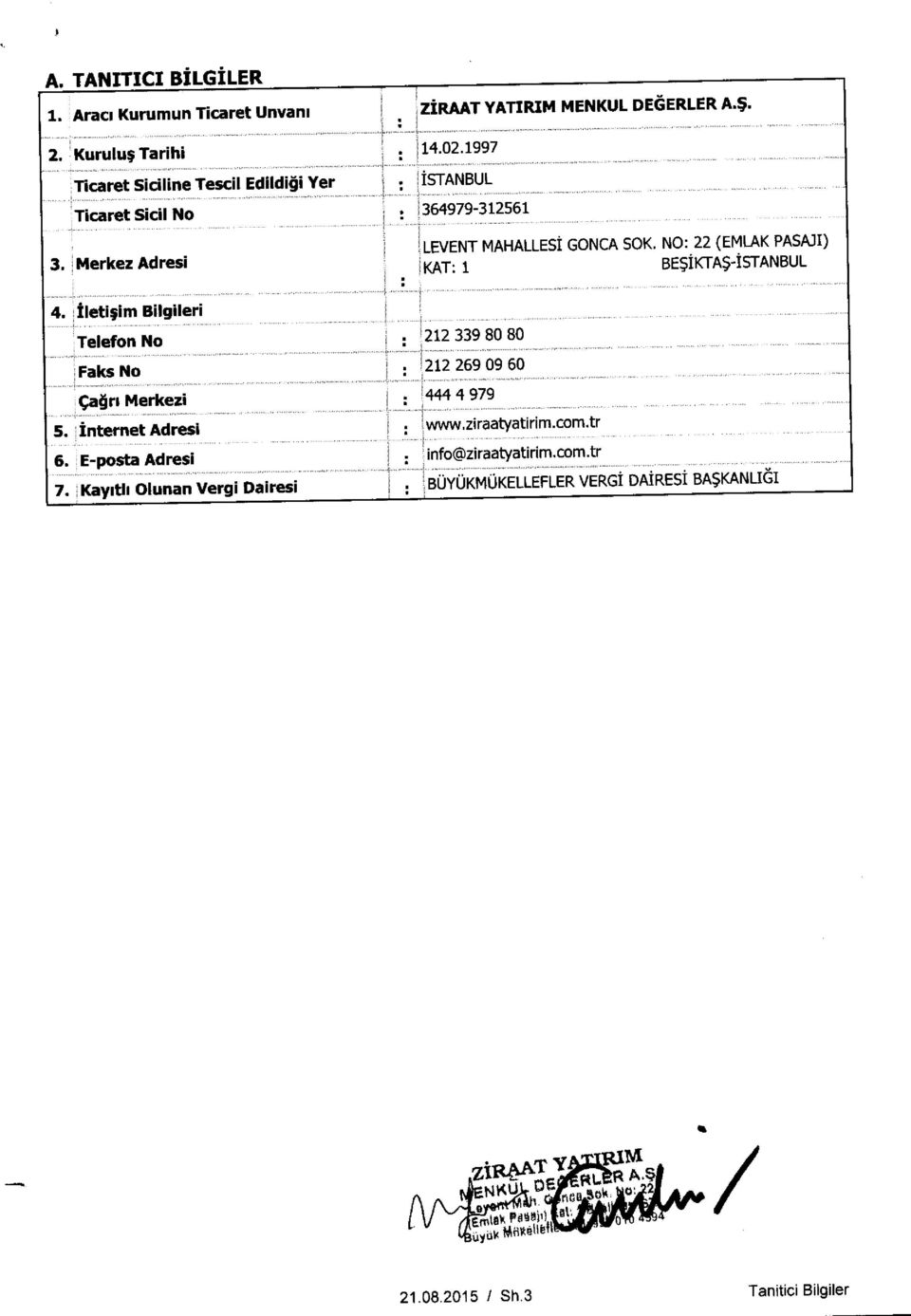 NO: 22 (EMLAK PASAJI) KAT: 1 BE$IKTA$-ISTANBUL 4. Ileti;im Bilgileri Telefon No Faks No caort Merkezi 5. Internet Adresi ; 6. E-posta Adresi 7.