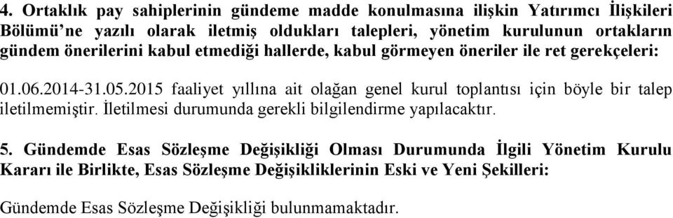 2015 faaliyet yıllına ait olağan genel kurul toplantısı için böyle bir talep iletilmemiştir. İletilmesi durumunda gerekli bilgilendirme yapılacaktır. 5.