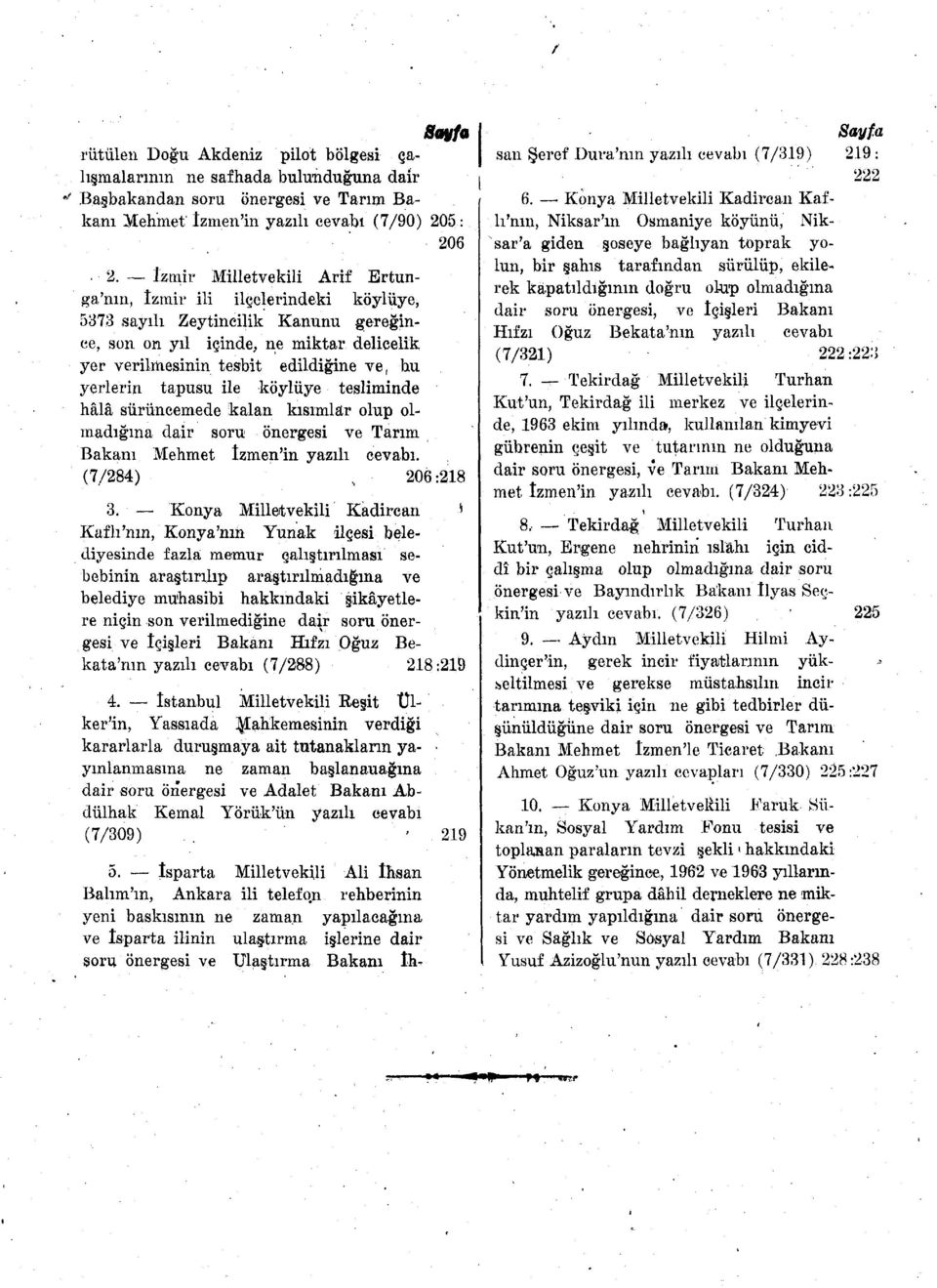 yerlerin tapusu ile köylüye tesliminde hâlâ sürüncemede kalan kısımlar olup olmadığına dair soru önergesi ve Tarım Bakanı Mehmet îzmen'in yazılı cevabı. (7/284), 206:218 3.