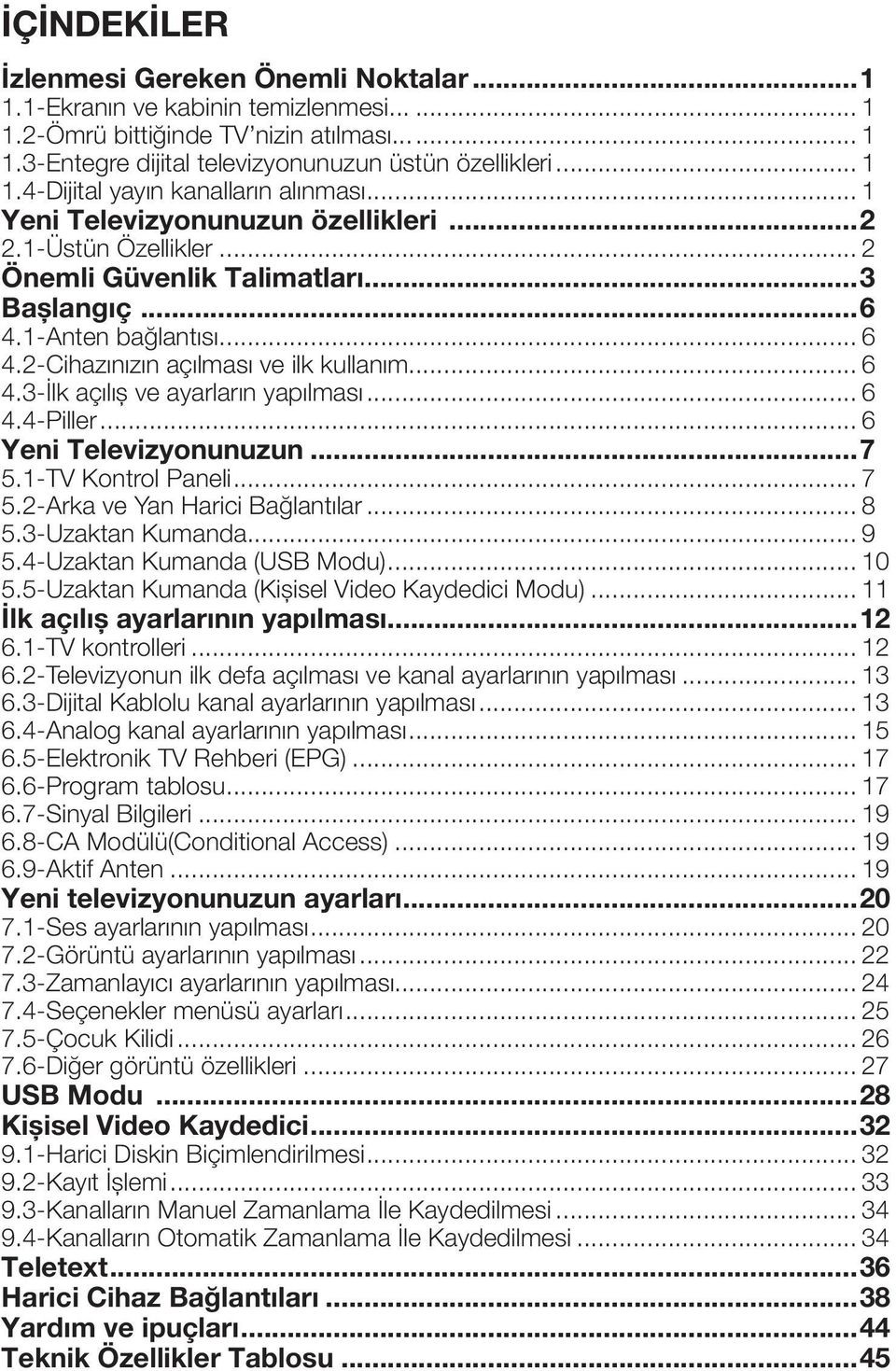 .. 6 4.4-Piller... 6 Yeni Televizyonunuzun...7 5.1-TV Kontrol Paneli... 7 5.2-Arka ve Yan Harici Bağlantılar... 8 5.3-Uzaktan Kumanda... 9 5.4-Uzaktan Kumanda (USB Modu)... 10 5.