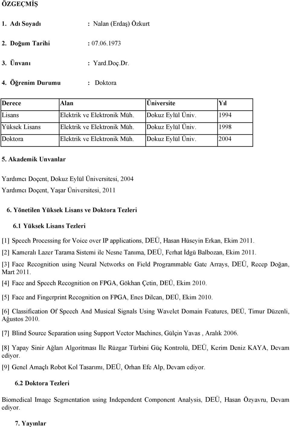 Akademik Unvanlar Yardımcı Dçent, Dkuz Eylül Üniversitesi, 2004 Yardımcı Dçent, Yaşar Üniversitesi, 2011 6. Yönetilen Yüksek Lisans ve Dktra Tezleri 6.